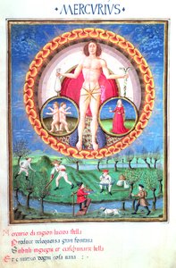 Ms Lat. 209 Planeta Merkury ze znakami zodiaku Gemini i Virgo, z "De Sphaera" ok. 1470 r.